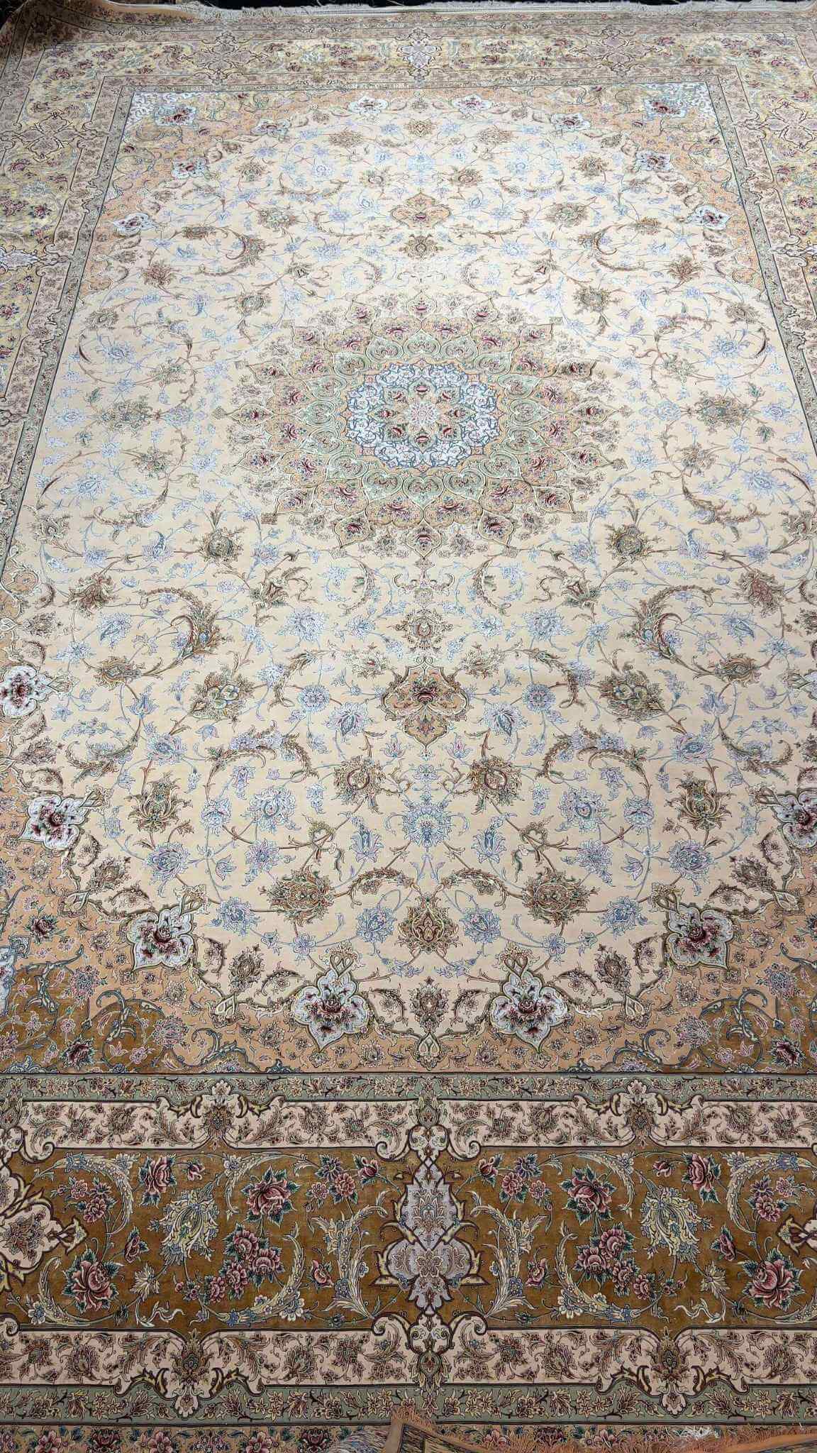 "Handcrafted Cream and Gold Persian Rug for large living room by artisan Habib from Isfahan, Iran."